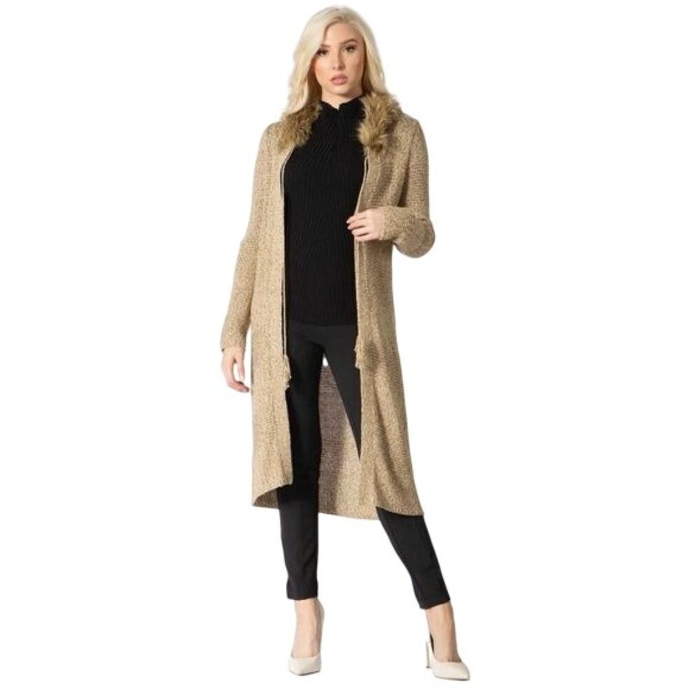 Vertigo Paris Sweater Coatigan M Metallic Gold Faux Fur Trim Boho Maximalism‎
